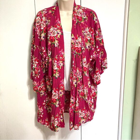 Swim Cover up KIMONO Duster Floral Wide Sleeves Mini One Size Fits Most - Picture 6 of 9